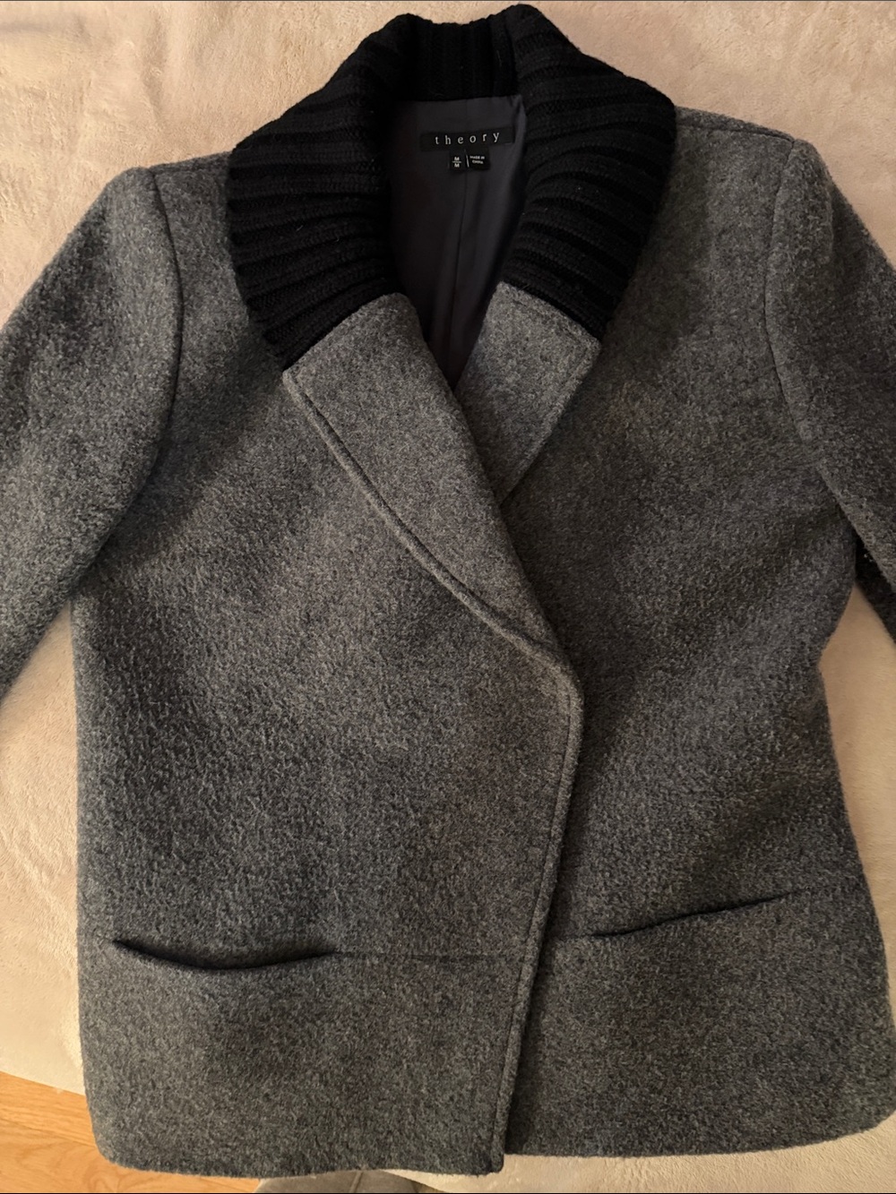 Theory Gray Wool Blazer with Black Ribbed Collar